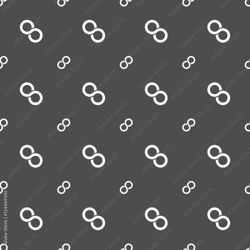 Seamless pattern of white infinity symbols on dark grey backgound. Simple flat vector illustration.