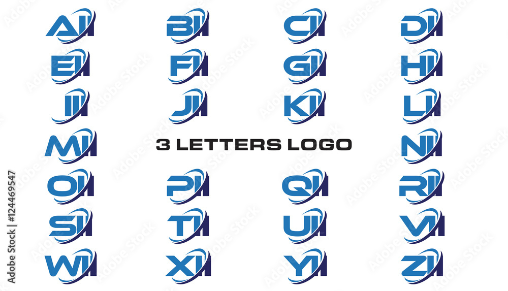 3 letters modern generic swoosh logo AII, BII, CII, DII, EII, FII, GII, HII,III, JII, KII, LII, MII, NII, OII, PII, QII, RII, SII, TII, UII, VII, WII, XII, YII, ZII - obrazy, fototapety, plakaty 