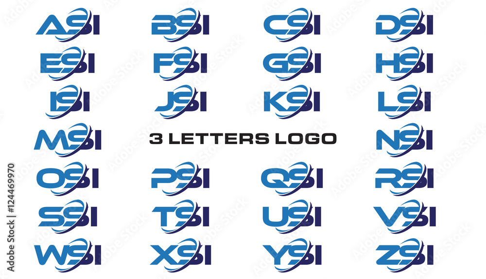 3 letters modern generic swoosh logo ASI, BSI, CSI, DSI, ESI, FSI, GSI,  HSI,ISI, JSI, KSI, LSI, MSI, NSI, OSI, PSI, QSI, RSI, SSI, TSI, USI, VSI,  WSI, XSI, YSI, ZSI Stock