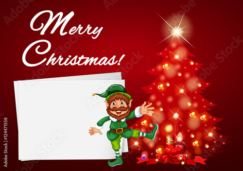 Christmas card with elf and red tree