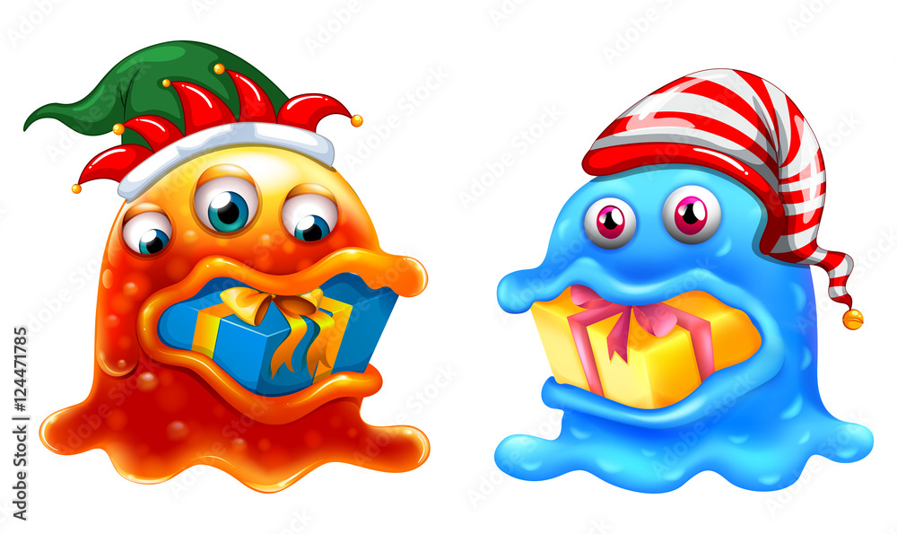 Christmas theme with two monsters and gifts Christmas theme with two monsters and gifts