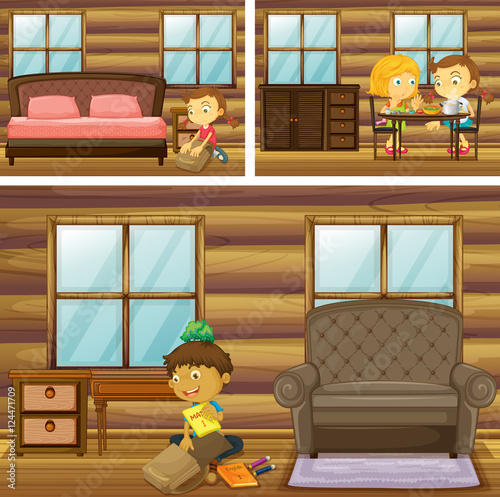 Children doing things in different rooms