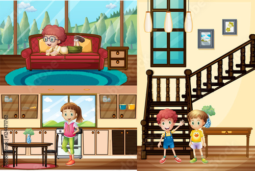 Kids in different rooms of the house