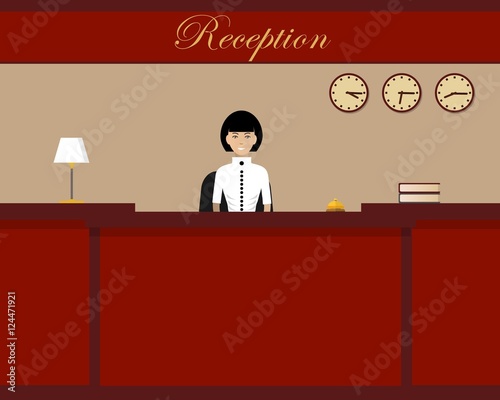 Hotel reception. Young woman receptionist stands at reception desk. Travel, hospitality, hotel booking concept. Vector illustration