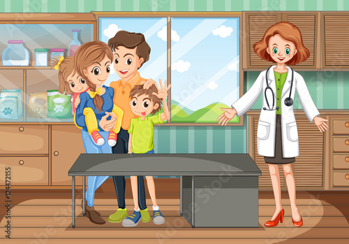 Clinic scene with doctor and family