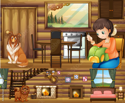 Girl and dogs in different rooms in the house