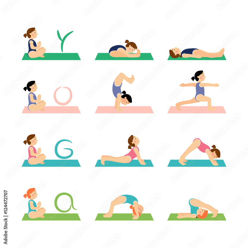 Yoga kids and gymnastics set. Happy children and healthy lifestyle vector illustration.