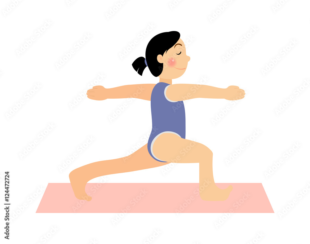 Fototapeta premium Girl doing yoga. Asana baby yoga. Kids yoga vector. Сolored mats for yoga. Yoga for women