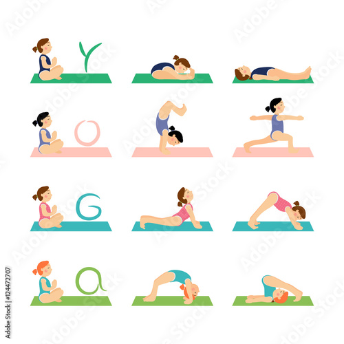 Yoga kids and gymnastics set. Happy children and healthy lifestyle vector illustration.
