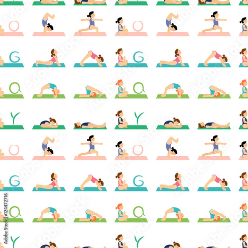 Girl doing yoga pattern, backgrounds and textures. Asana baby yoga. Kids yoga vector pattern. Сolored mats for yoga. Yoga for women