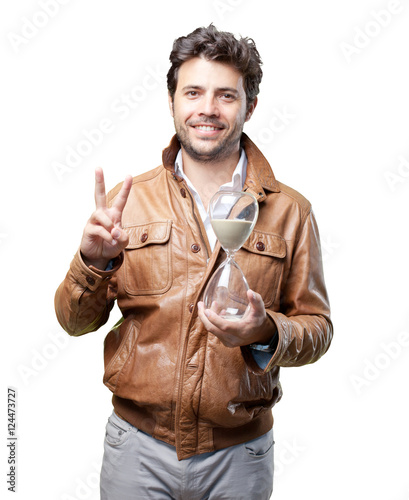 Tourist with brown jacket on white photo