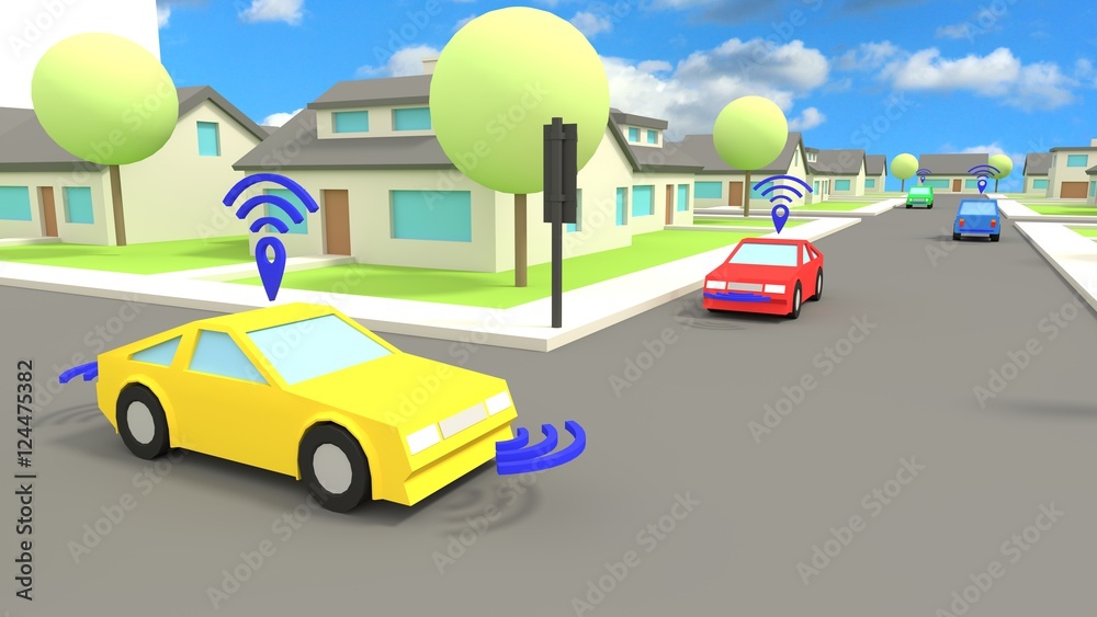 Smart connected car scene in low poly village Smart connected car scene in low poly village