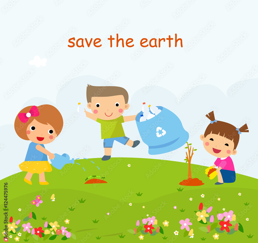 Children Helping In Eco-Friendly Gardening, Planting Trees, Cleaning Up Outdoors