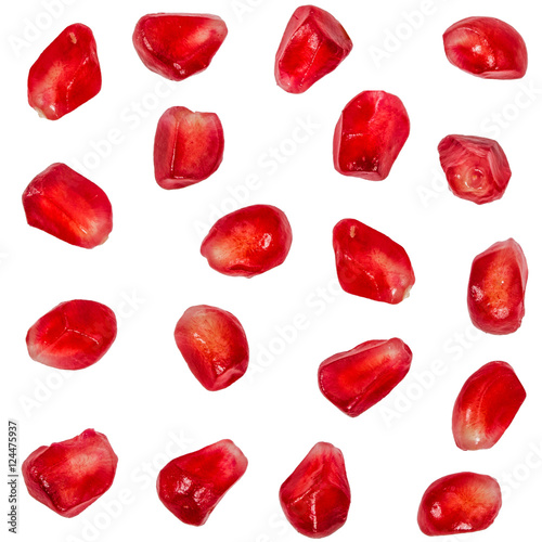 Pomegranate seed collection, isolated on white background