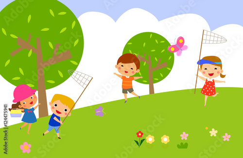 girl and boy catch butterflies on a green lawn,vector illustration