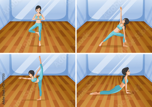 Woman doing yoga in four different positions