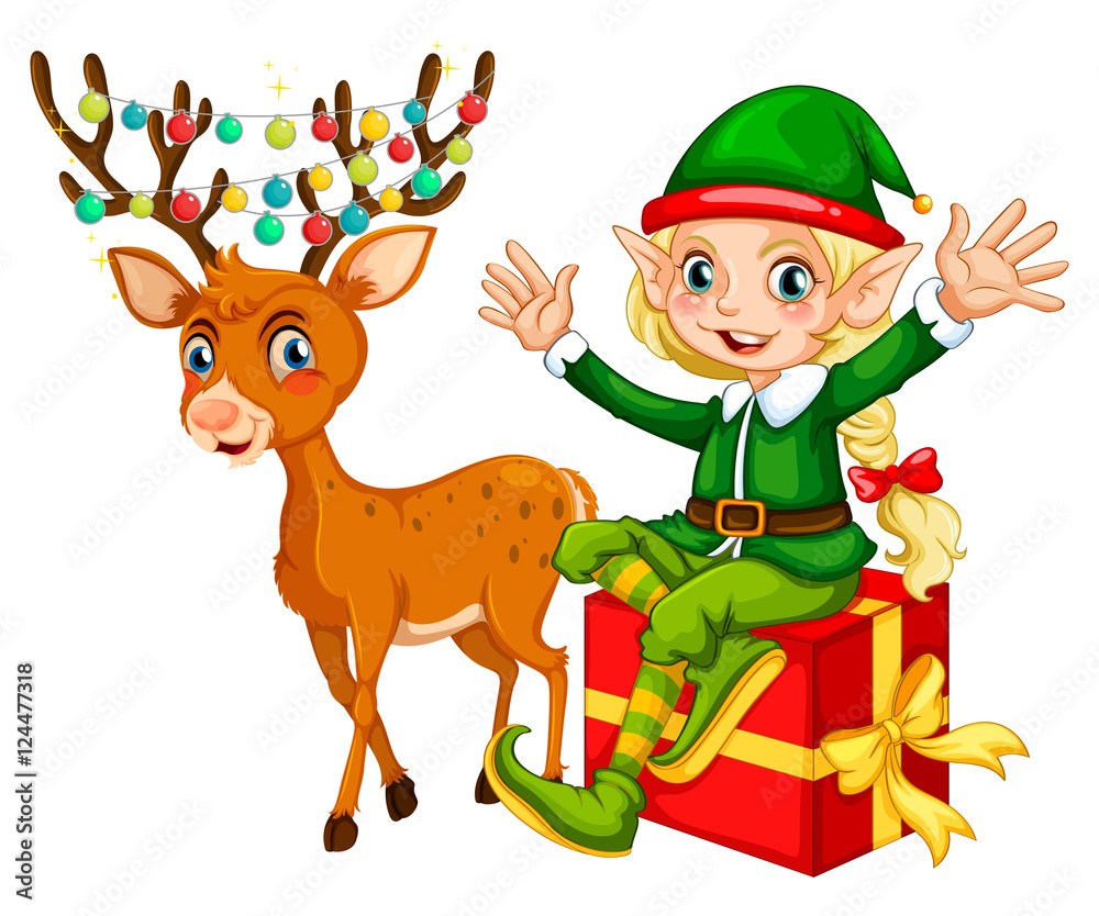 Fototapeta premium Christmas theme with elf and reindeer