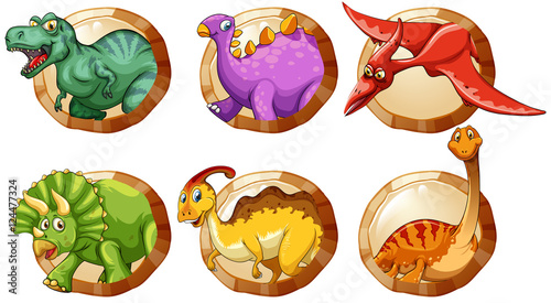 Different types of dinosaurs on round buttons