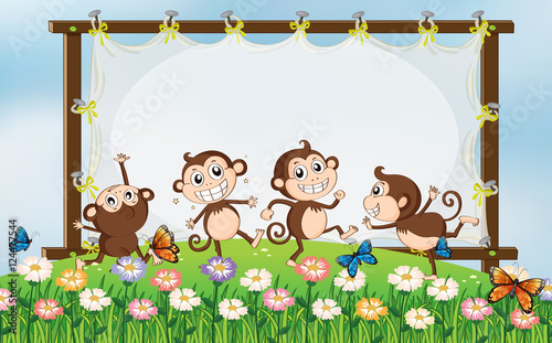 Frame design with four monkeys in field