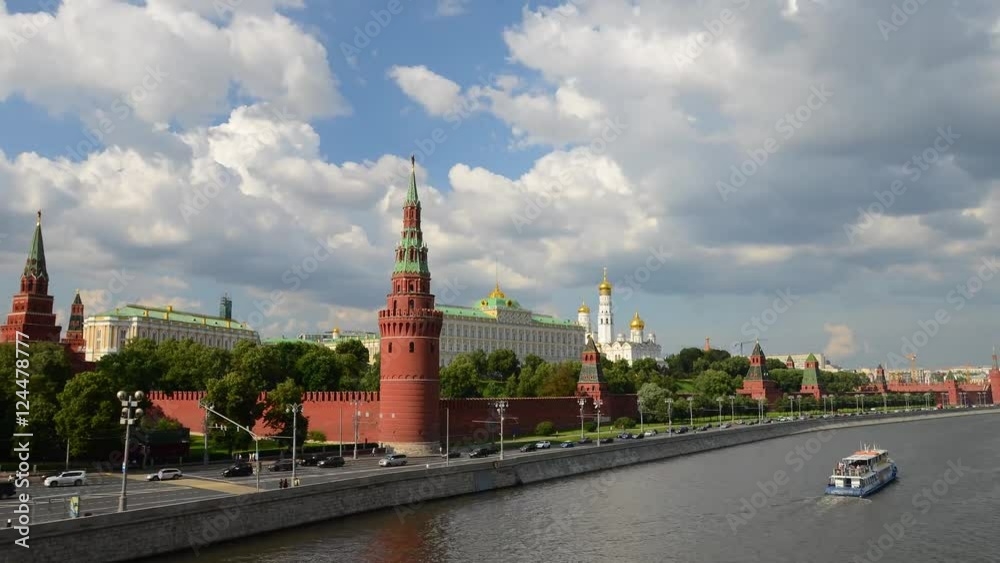Time-lapse Moscow Kremlin with fast moving dramatic clouds. Moscow river cruise ships. Day road traffic. Epic professional hyperlapse 4K footage. Beautiful sunny day. Time-lapse Moscow Kremlin with fast moving dramatic clouds. Moscow river cruise ships. Day road traffic. Epic professional hyperlapse 4K footage. Beautiful sunny day.