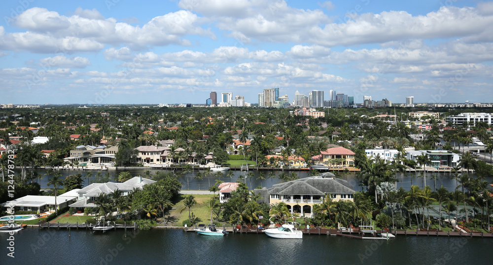 Aerial skyline view of Fort Lauderdale's Intracoastal waterway canals and residential homes.