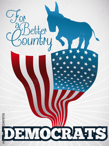 Democrat Poster with Donkey over a Waving American Flag, Vector Illustration