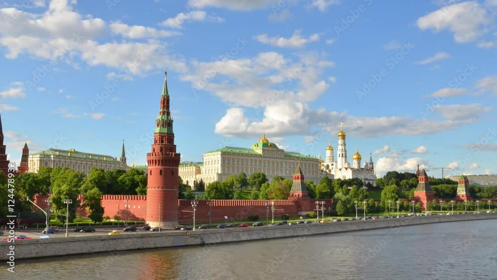 Time-lapse Moscow Kremlin with fast moving dramatic clouds. Moscow river cruise ships. Day road traffic. Epic professional hyperlapse 4K footage. Beautiful sunny day. Time-lapse Moscow Kremlin with fast moving dramatic clouds. Moscow river cruise ships. Day road traffic. Epic professional hyperlapse 4K footage. Beautiful sunny day.
