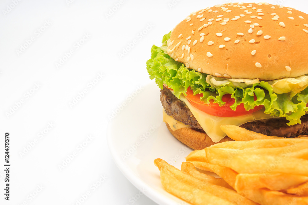 delicious american cheeseburger with french fries on white plate isolated on a white background, Top view with copy space delicious american cheeseburger with french fries on white plate isolated on a white background, Top view with copy space
