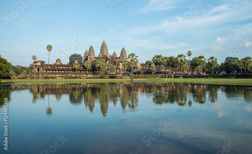 The reflection of Angkor wat is a temple complex in Cambodia and the largest religious monument in the world, with the site measuring 162.6 hectares. © boyloso