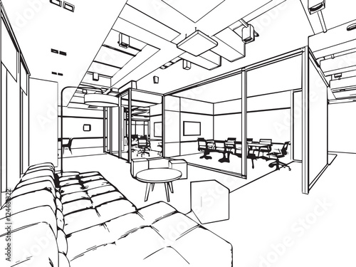 interior outline sketch drawing perspective of a space office