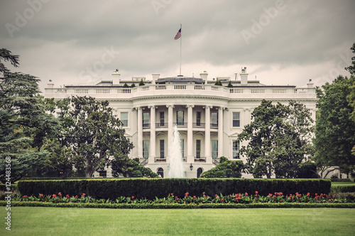 The White House in Washington D.C. at a cloudy day, Executive Office of the President of the United States, Vintage filtered style