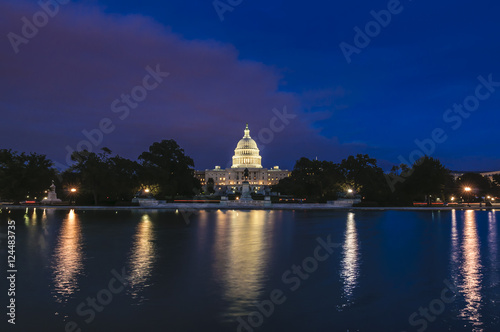 United States Capitol Building and Capitol Reflecting Pool at evening after sunset, Washington D.C., District of Columbia, USA