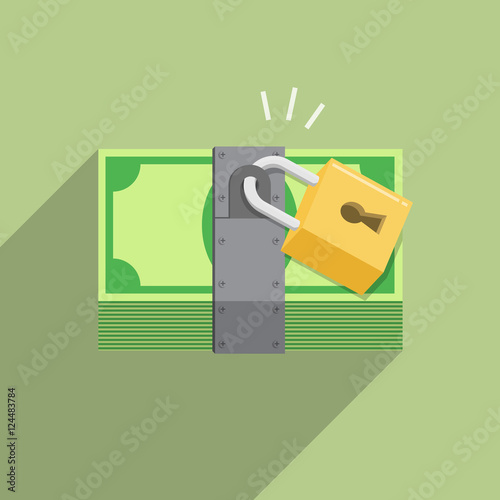 security safety protection lock on money bill on green background saving concept
