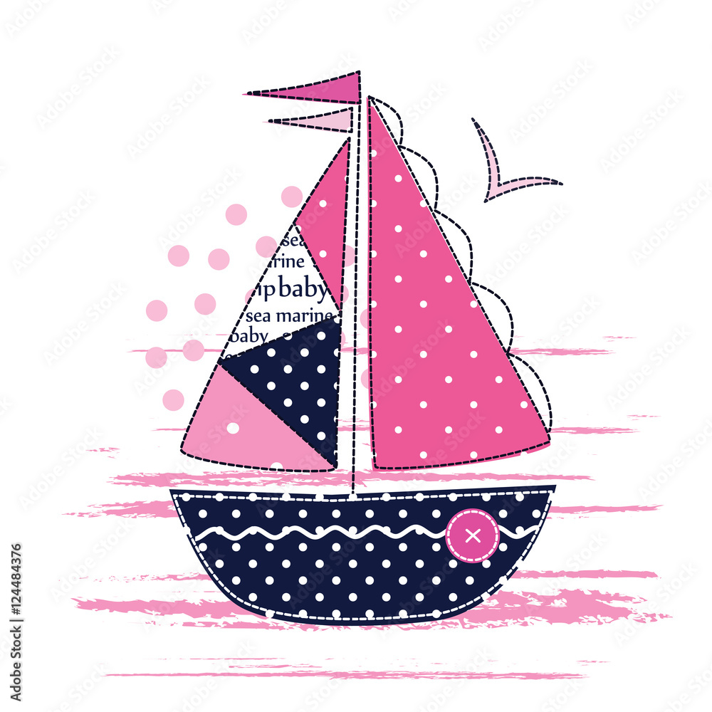 Obraz premium Vector illustration with cute sailing ship for kids design