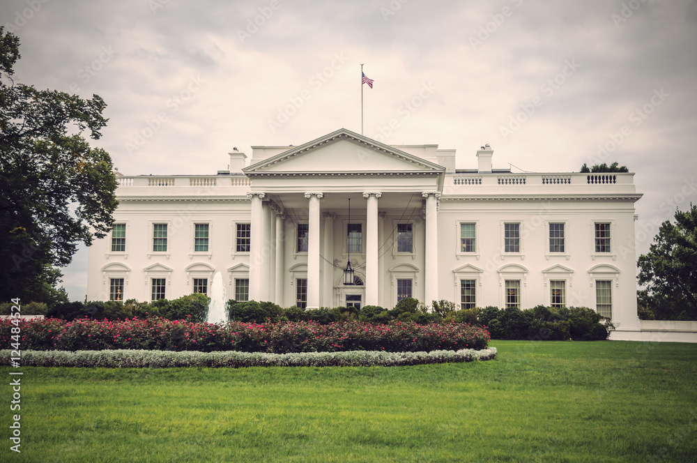 The White House in Washington D.C. at a cloudy day, Executive Office of the President of the United States, Vintage filtered style