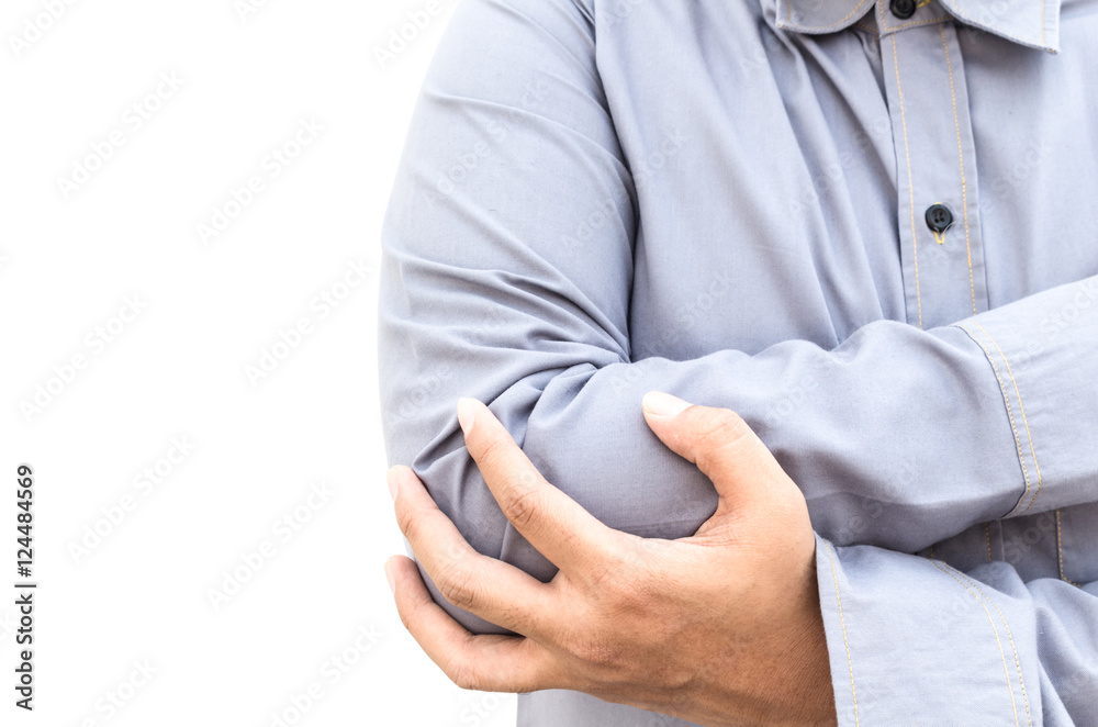 Man is touching his elbow due to acute pain isolated on the whit