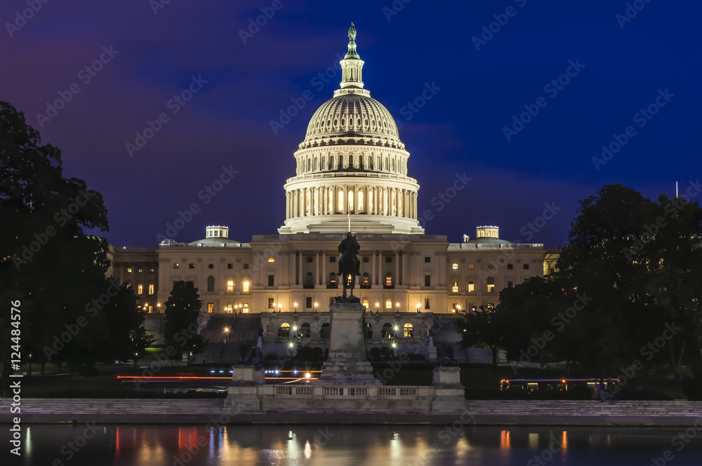 United States Capitol Building and Capitol Reflecting Pool at evening after sunset, Washington D.C., District of Columbia, USA