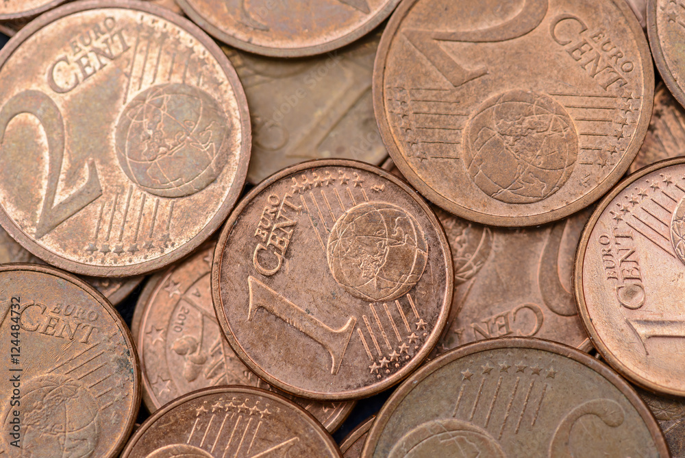 detailed close up of Euro cent coins, texture background detailed close up of Euro cent coins, texture background