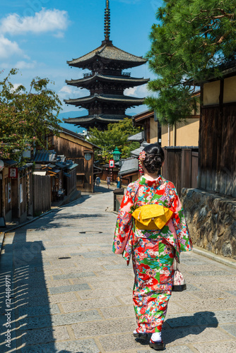 Women wear kimono working Yasaka Pagoda and Sannen Zaka Street in the Morning, Kyoto, Japan,
