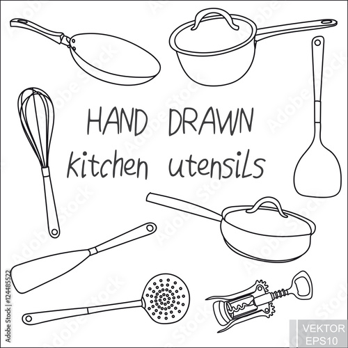 Hand drawing. Set kitchen utensils. To prepare the food. For your design...