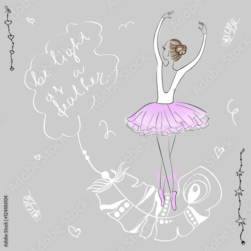 Cute young ballerina dancing on pointe, ballet shoes in flower t