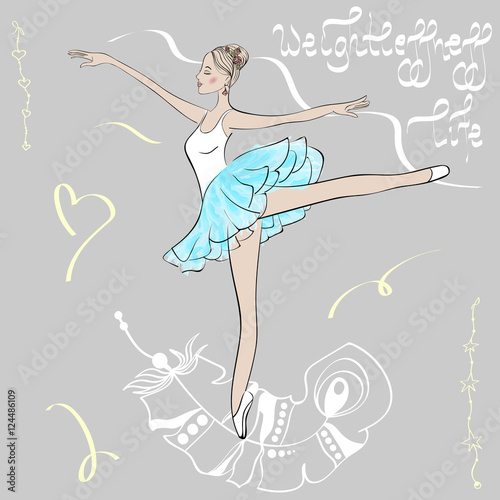 Cute young ballerina dancing on pointe, ballet shoes in flower t