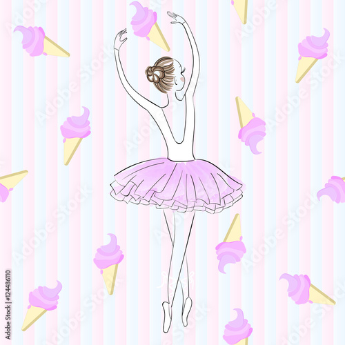 Cute young ballerina dancing on pointe, ballet shoes in flower t