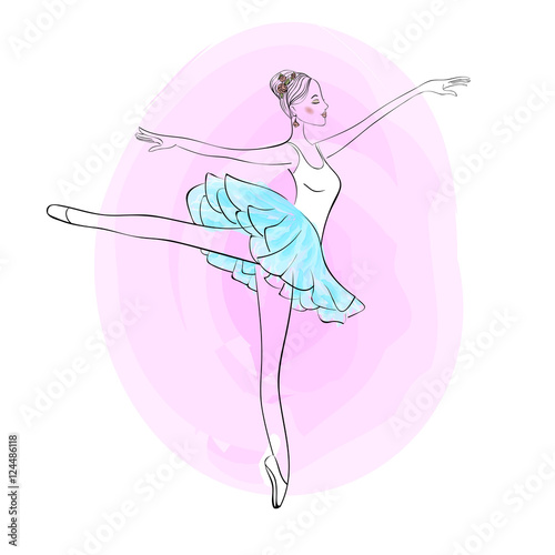 Cute young ballerina dancing on pointe, ballet shoes in flower t