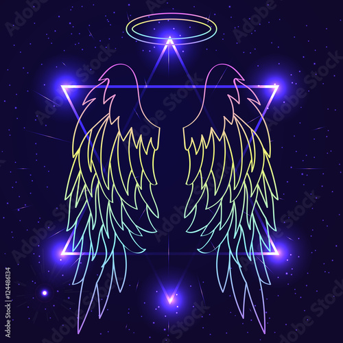 Magic background with angel wings. Wings over night sky backgrou
