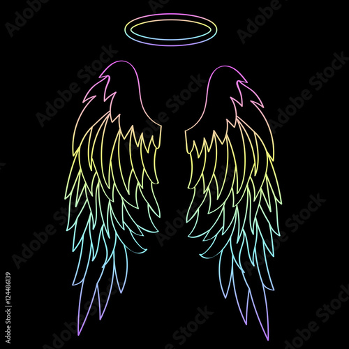 Beautiful angel wings with a halo isolated on black. Vector