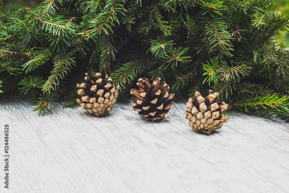 Fototapeta premium Christmas decoration on old white wooden table