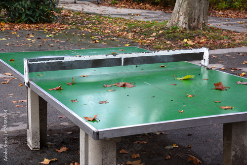 Tischtennistisch aus Metall und Beton mit Herbstlaub im Park photo