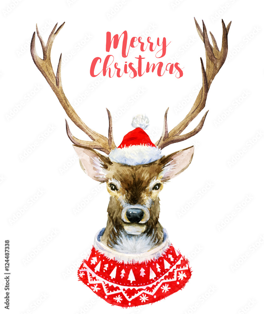 Fototapeta premium Watercolor christmas deer