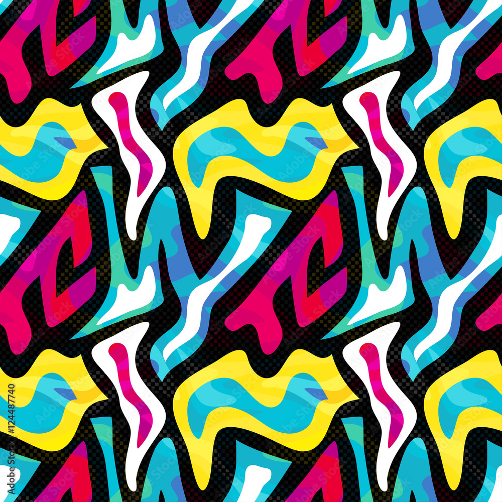 Abstract seamless geometric pattern with urban elements, scuffed, drops, sprays, triangles, neon spray paint. Grunge texture background. Abstract seamless geometric pattern with urban elements, scuffed, drops, sprays, triangles, neon spray paint. Grunge texture background.